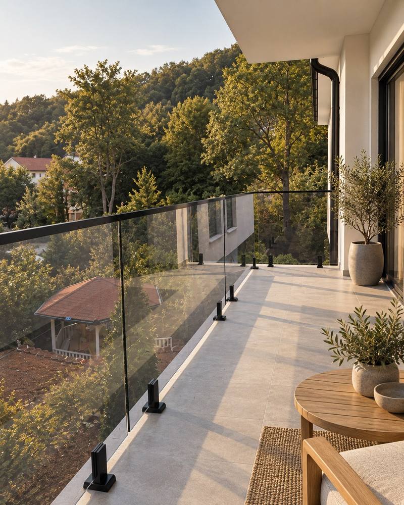 Gilindera xhami në tarracë. Gilindera me xham transparent përgjatë një tarrace të gjatë.